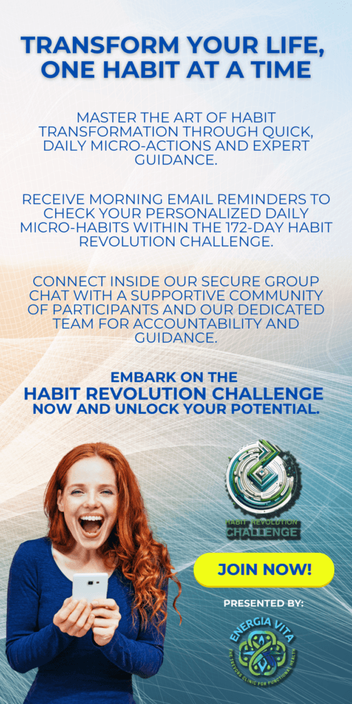 Energetic woman in blue sweater holding phone, "Join Now" button for Habit Revolution Challenge